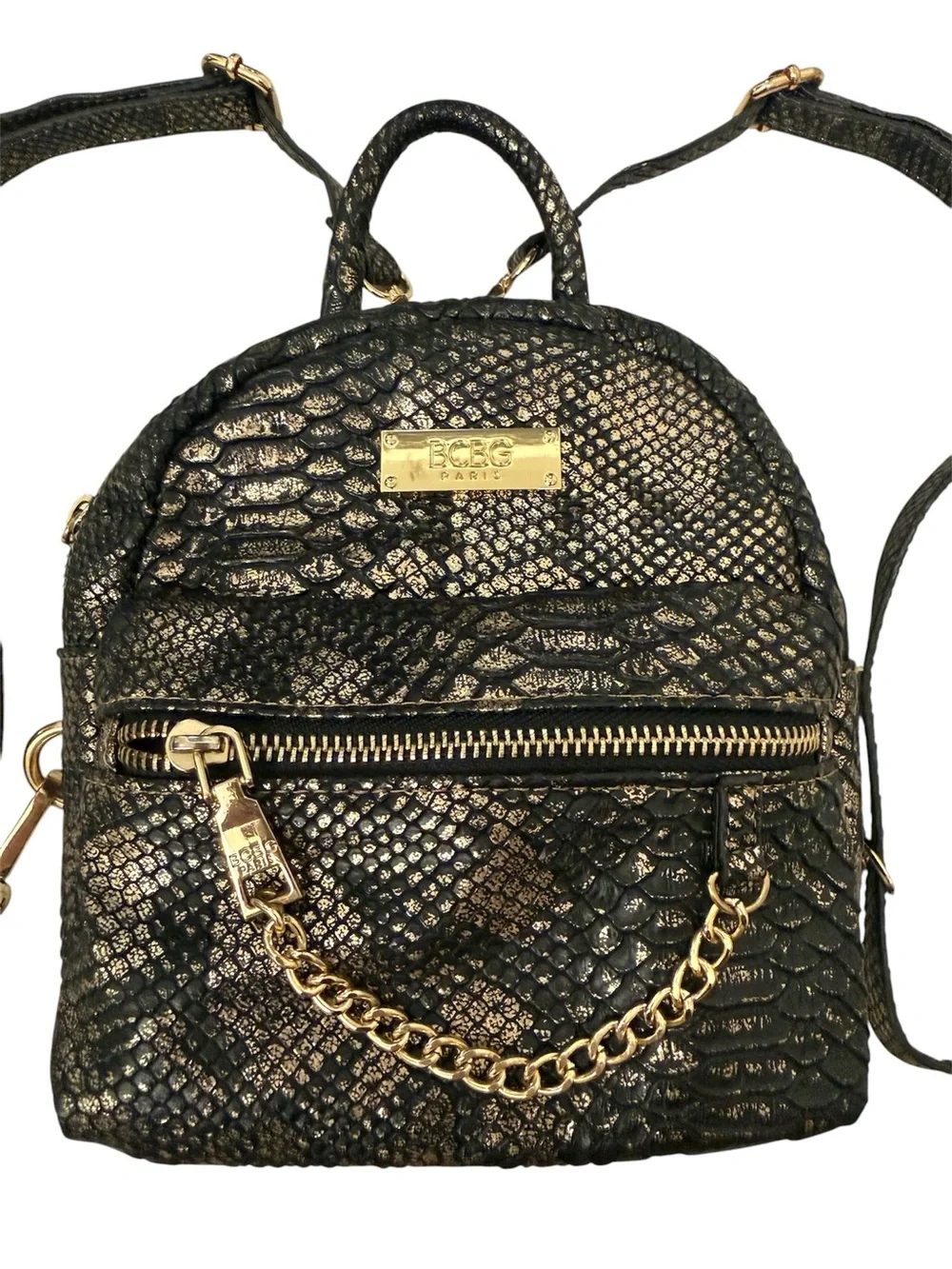 BCBG Mini Black Snake-Embossed Backpack with Gold Chain Detail